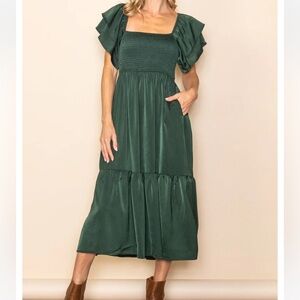 PINKBLUSH: Forest Green Satin Flutter Sleeve Midi Dress